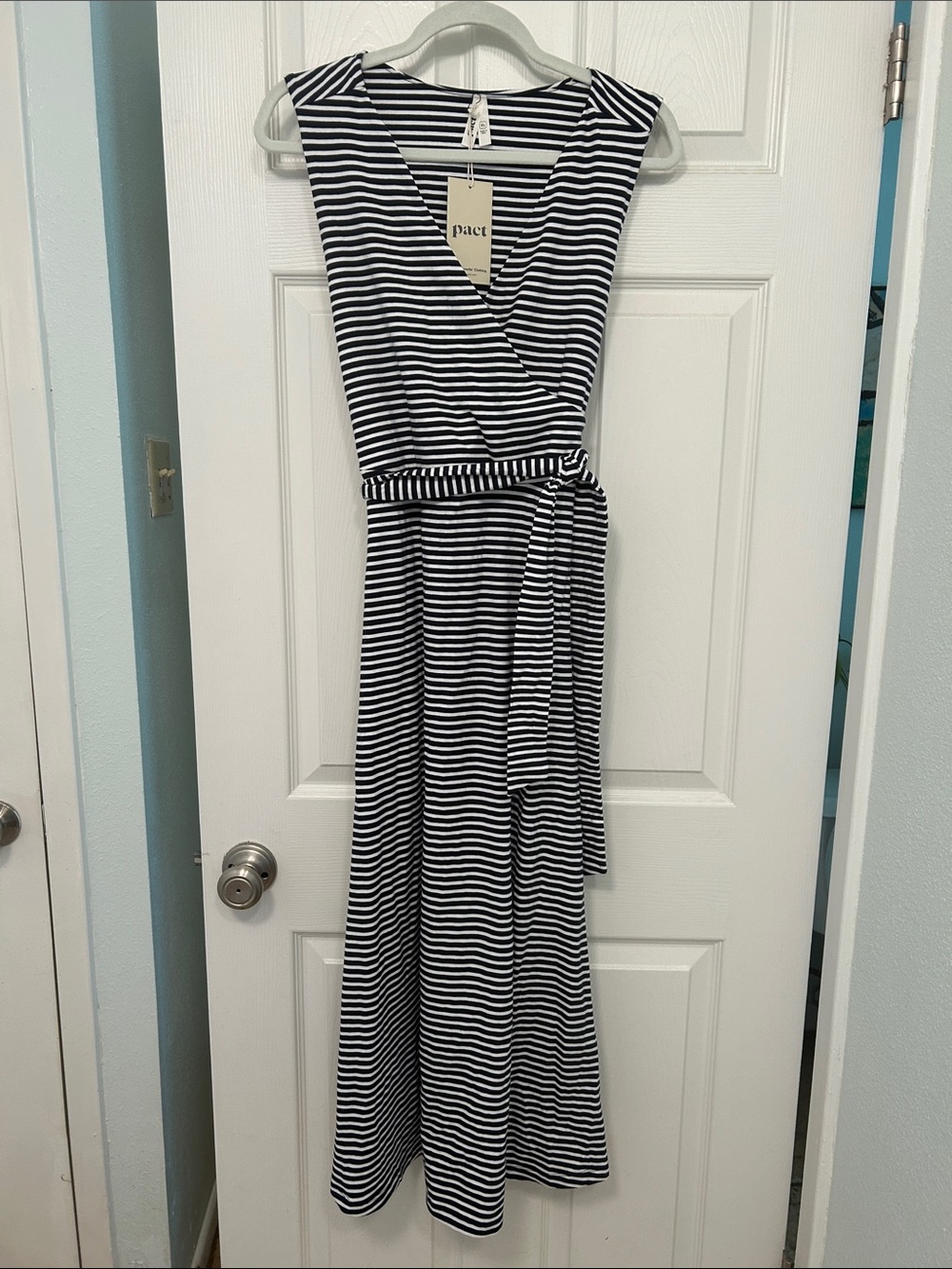 Pact Organic Fit & Flare Easy V-Neck Dress in Hudson Stripe Navy Blue & White